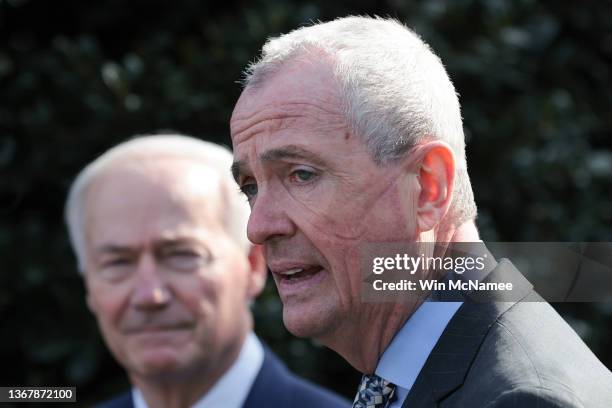 New Jersey Gov. Phil Murphy and Arkansas Gov. Asa Hutchinson , Chairman of the National Governors Association, speak outside the White House after a...