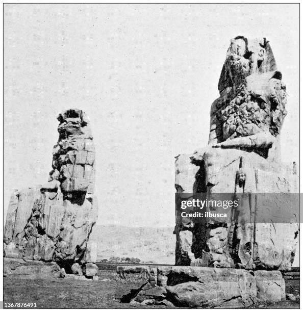antique travel photographs of egypt: colossi of thebes - ancient egyptian temple stock illustrations