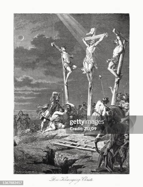 illustrazioni stock, clip art, cartoni animati e icone di tendenza di crocifissione di gesù, incisione su legno, pubblicata nel 1862 - the crucifixion