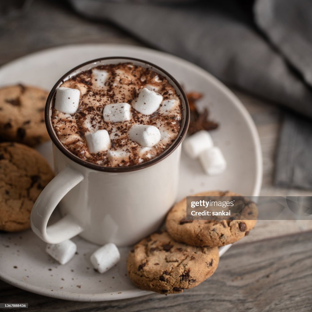 Tasse d’un chocolat chaud parfumé ou d’un café avec des guimauves