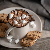 Mug of a fragrant hot chocolate or coffee with marshmallows