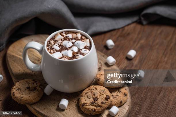 mug of a fragrant hot chocolate or coffee with marshmallows - café au lait stock pictures, royalty-free photos & images