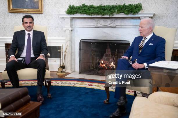 President Joe Biden meets with Sheikh Tamim Bin Hamad Al-Thani, Amir of the State of Qatar, in the Oval Office on January 31, 2022 in Washington, DC....