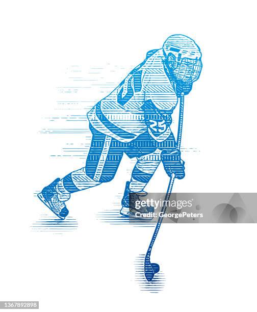 ice hockey player skating and shooting the puck - hockey player on white stock illustrations