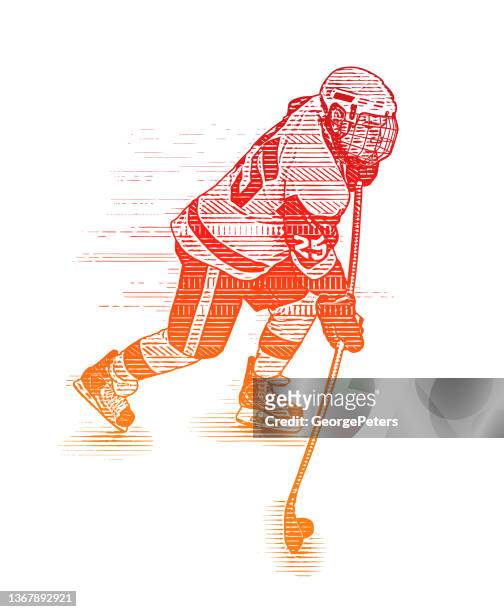ice hockey player skating and shooting the puck - hockey player on white stock illustrations