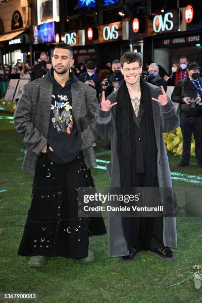 Mahmood and Blanco attend the green carpet ahead of the 72nd Sanremo Music Festival 2022 at Teatro Ariston on January 31, 2022 in Sanremo, Italy.