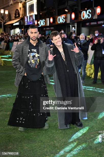 Mahmood and Blanco attend the green carpet ahead of the 72nd Sanremo Music Festival 2022 at Teatro Ariston on January 31, 2022 in Sanremo, Italy.