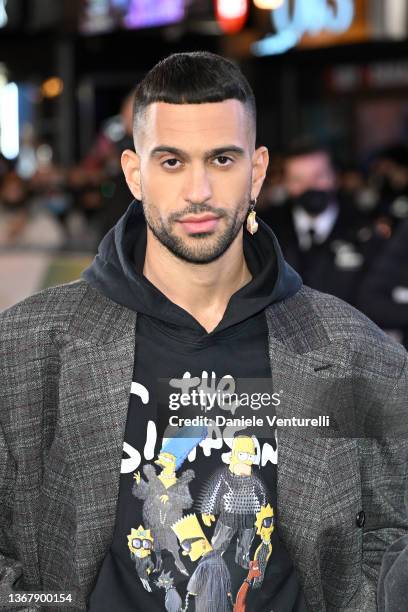Mahmood attends the green carpet ahead of the 72nd Sanremo Music Festival 2022 at Teatro Ariston on January 31, 2022 in Sanremo, Italy.