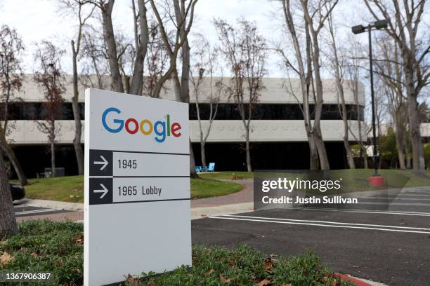 Sign is posted in front of a building on the Google campus on January 31, 2022 in Mountain View, California. Google parent company Alphabet will...