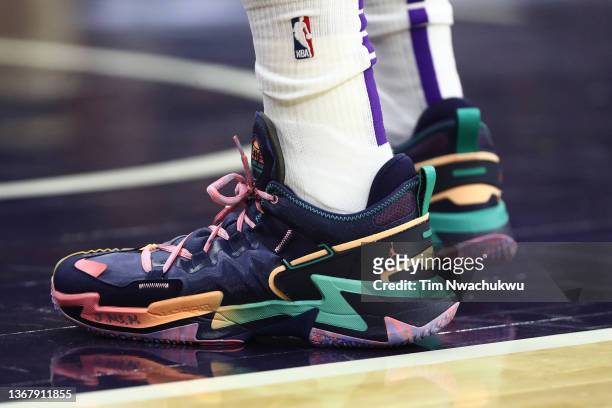 The shoes of Russell Westbrook of the Los Angeles Lakers are seen against the Philadelphia 76ers at Wells Fargo Center on January 27, 2022 in...
