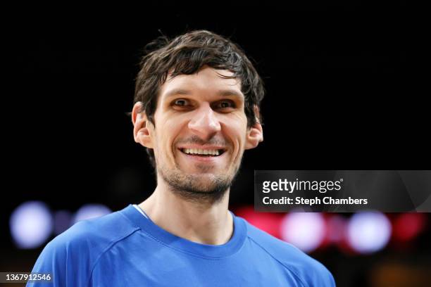 Boban Marjanovic of the Dallas Mavericks warms up before the game against the Portland Trail Blazers at Moda Center on January 26, 2022 in Portland,...