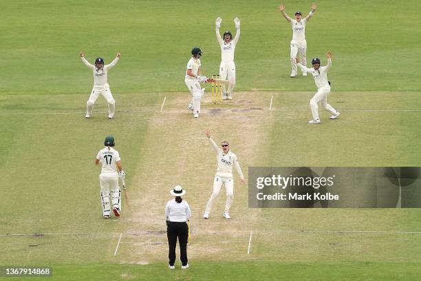 Charlie Dean of England appeals for the wicket of Beth Mooney of Australia during day four of the Women's Test match in the Ashes series between...