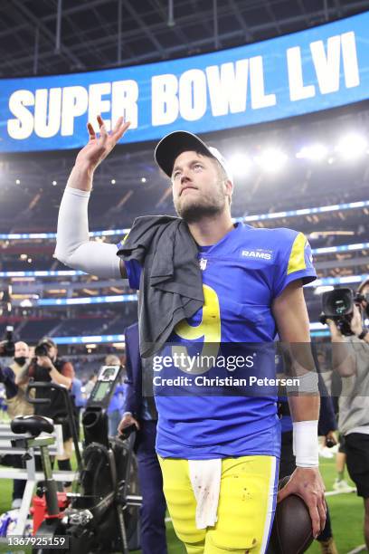 Matthew Stafford of the Los Angeles Rams reacts after defeating the San Francisco 49ers in the NFC Championship Game at SoFi Stadium on January 30,...
