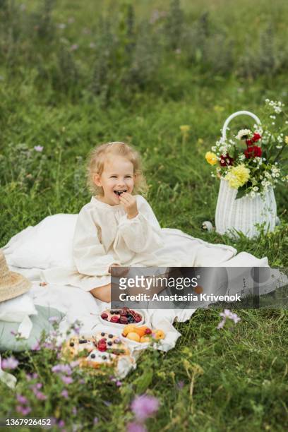 cute child enjoying summer picnic with berry's and sweet pie. - sweetie pie stock pictures, royalty-free photos & images