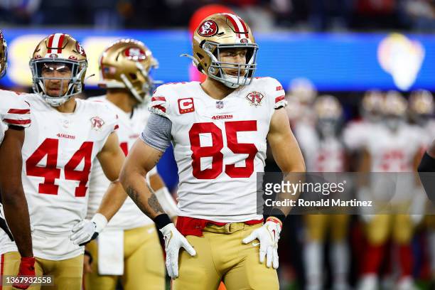 George Kittle of the San Francisco 49ers reacts during the game against the Los Angeles Rams in the NFC Championship Game at SoFi Stadium on January...