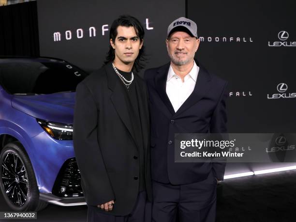 Omar De Soto and Roland Emmerich attend the Los Angeles premiere of "Moonfall" at TCL Chinese Theatre on January 31, 2022 in Hollywood, California.