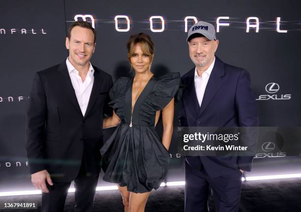 Patrick Wilson, Halle Berry, and Roland Emmerich attend the Los Angeles premiere of "Moonfall" at TCL Chinese Theatre on January 31, 2022 in...