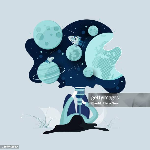 stockillustraties, clipart, cartoons en iconen met girl exploring space with telescopes in night starry sky - one kid one world a night of 18 laughs