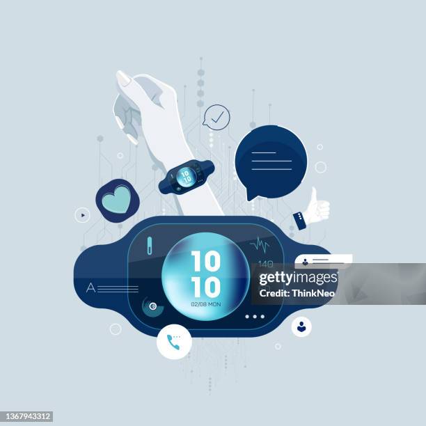 zeiger mit digitaler und intelligenter gesundheitsuhr - smart watch stock-grafiken, -clipart, -cartoons und -symbole