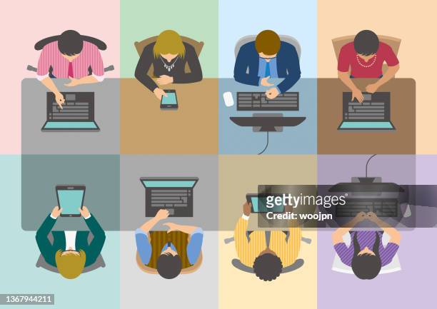 virtual conference table with group of business people using digital devices - business meeting stock illustrations