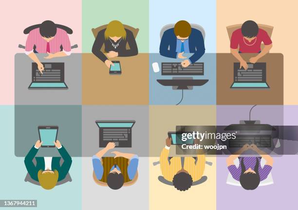 virtual conference table with group of business people using digital devices - conference table stock illustrations