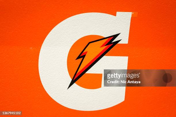 The logo of Gatorade is pictured before the game between the Detroit Pistons and Cleveland Cavaliers at Little Caesars Arena on January 30, 2022 in...