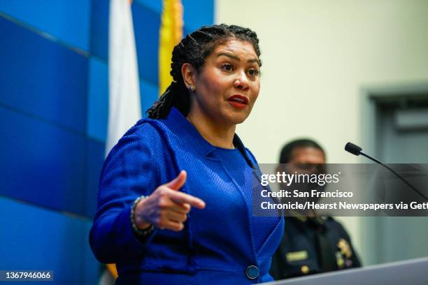San Francisco Mayor London Breed speaks during a press conference to present 2021 crime statistics on violent crimes and property crime at the San...