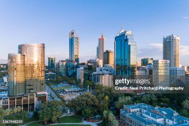 aerial the city of perth skyline western australia - perth australia fotografías e imágenes de stock