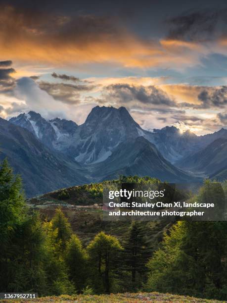 baima snow mountain with a lodge in the forest - yunnan province stock pictures, royalty-free photos & images