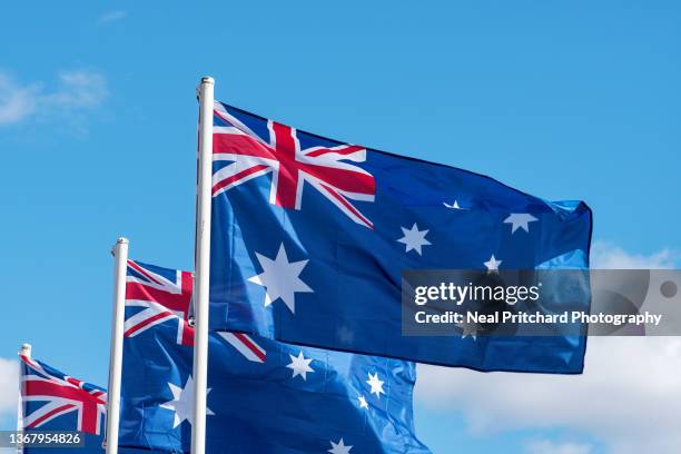 multiple australian flags against blue sky - australia flag stock pictures, royalty-free photos & images