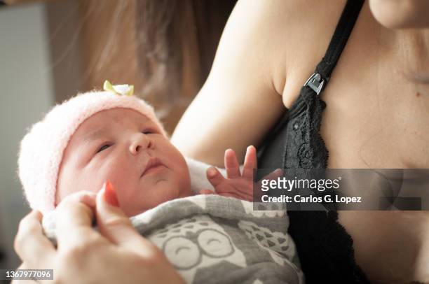 close up of a newborn baby girl wearing a pink woolly hat and wrapped up in a blanket trying to open her eyes while on her mothers arms as she hold her tiny hand in a flat in edinburgh, scotland, uk - girls in bras photos stock pictures, royalty-free photos & images