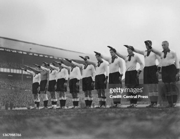 The German Football Team giving the Nazi salute ahead of a match against England at White Hart Lane, London, UK, 4th December 1935; they are Hans...