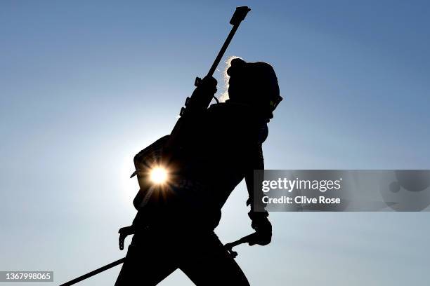 An athlete of Team Bulgaria skis during a Women's biathlon training session ahead of Beijing 2022 Winter Olympics at Zhangjiakou National Biathlon...