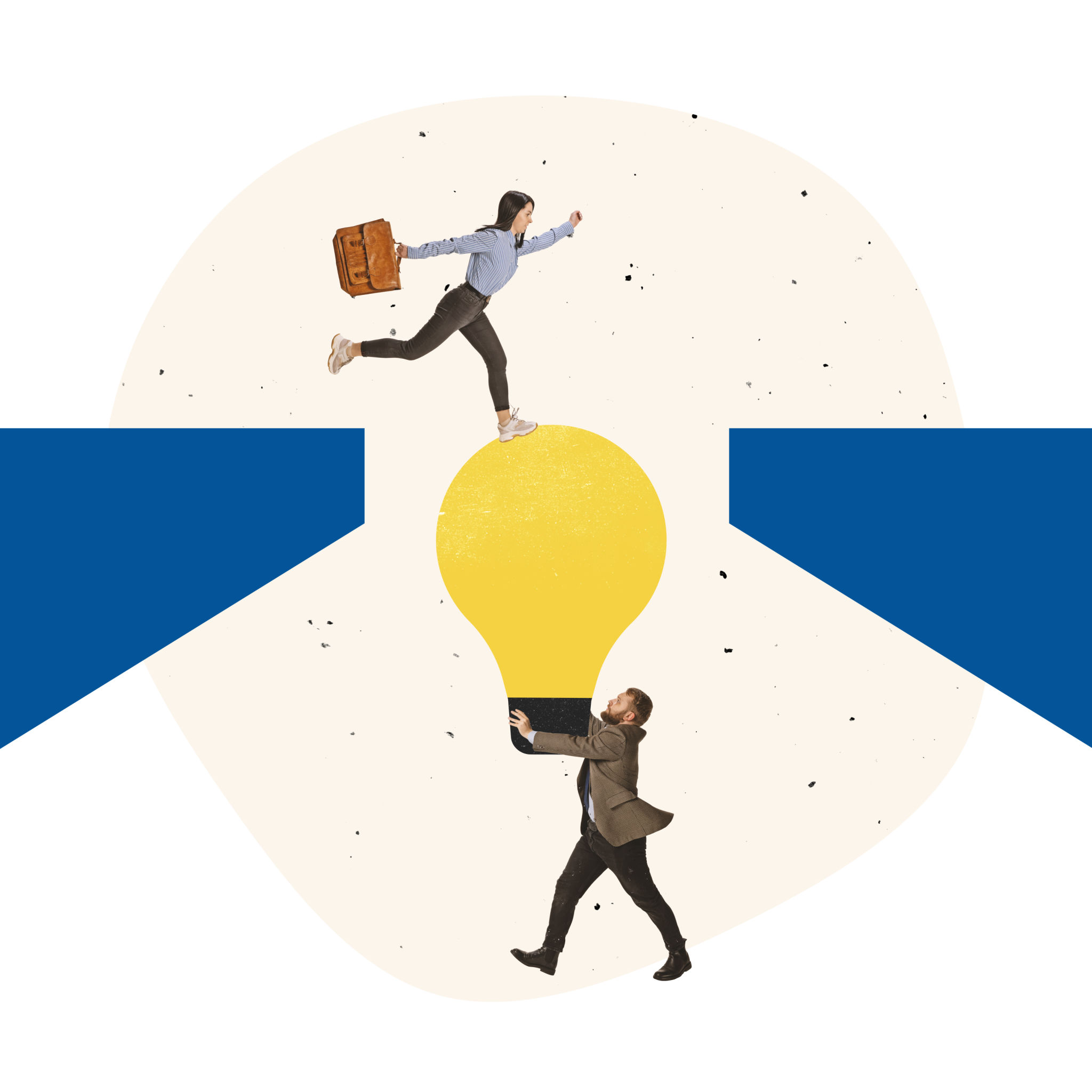 Contemporary art collage. Businessman holding lightbulb and helping woman, employee to walk across the cliff Contemporary art collage. Businessman holding lightbulb and helping woman, employee to walk across the cliff