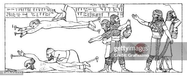 assyria mesopotamian kingdom soldier torturing decapitating prisoners - mesopotamian art 幅插畫檔、美工圖案、卡通及圖標