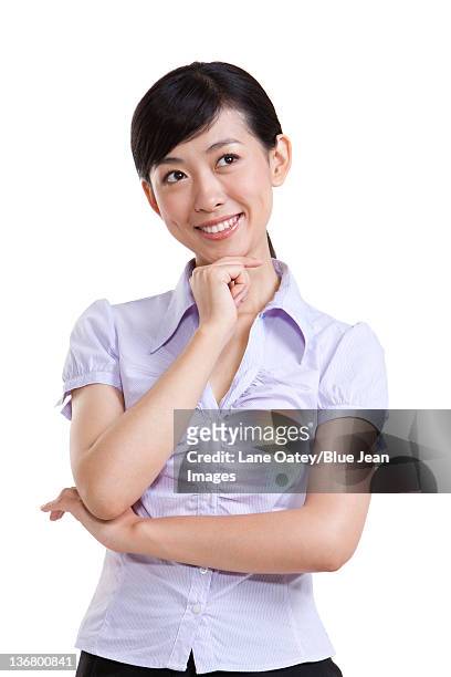 portrait of a businesswoman thinking - short sleeve work shirt stock pictures, royalty-free photos & images