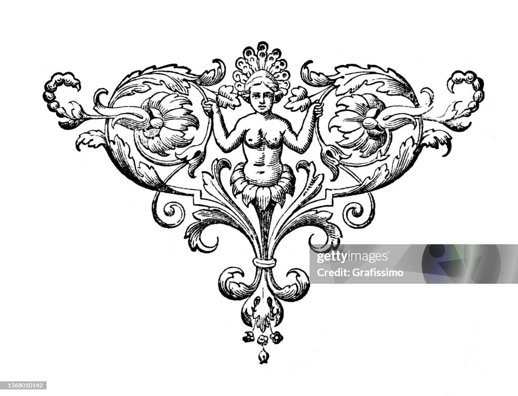 Jugendstil-Gestaltungselement zur Dekoration mit nackter Frauenblumenzeichnung 1898