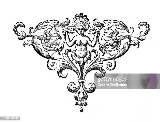 art nouveau design element for decoration with naked woman flower drawing 1898 - art nouveau stock illustrations