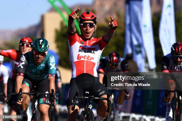 Caleb Ewan of Australia and Team Lotto Soudal celebrates winning ahead of Martin Laas of Estonia and Team Bora - Hansgrohe and Fernando Gaviria...