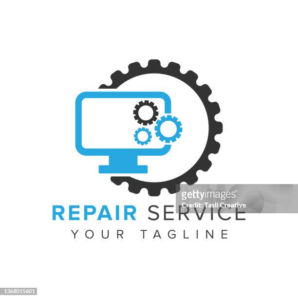 computer repair design vector logo design with gear icon - projection screen icon stock illustrations