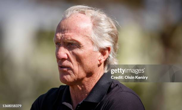 Greg Norman, CEO of Liv Golf Investments talks to the media during a practice round prior to the PIF Saudi International at Royal Greens Golf &...