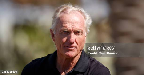 Greg Norman, CEO of Liv Golf Investments talks to the media during a practice round prior to the PIF Saudi International at Royal Greens Golf &...