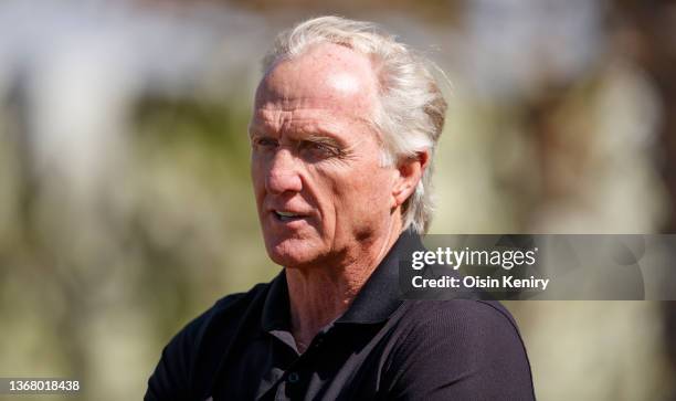 Greg Norman, CEO of Liv Golf Investments talks to the media during a practice round prior to the PIF Saudi International at Royal Greens Golf &...