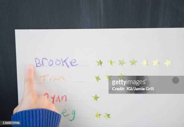 african american girl pointing at a name and stars - chart awards fotografías e imágenes de stock