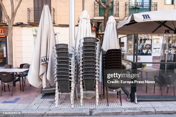 Terrace dismantled on the same day that the modified Madrid Terrace Ordinance came into force, in Ponzano street, on February 1 in Madrid, Spain....