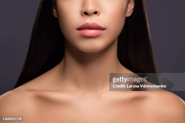 cropped photo of charming calm fashion model lady demonstrate lips plastic surgery result isolated grey color background - 鎖骨 ストックフォトと画像