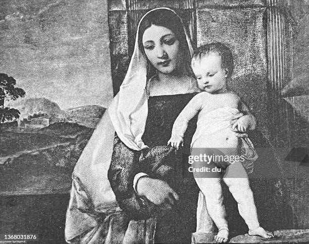 maria with the child, gypsy madonna - tiziano vecellio stock illustrations