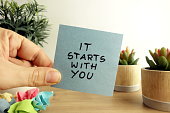Words it starts with you handwritten on sticky note. Business planning concept