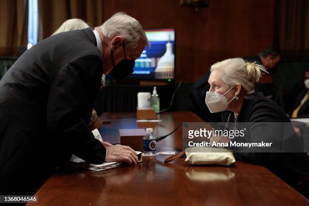 Senate Judiciary Committee Chairman Richard Durbin speaks to Sen. Kirsten Gillibrand before a Senate Judiciary Committee hearing in the Dirksen...