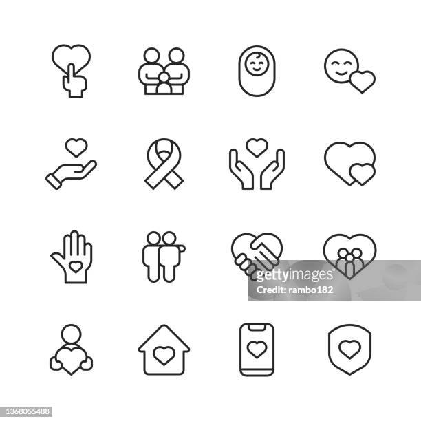 care line icons. editable stroke, contains such icons as caregiver, charity, community, disease, donation, family, giving, healthcare, heart, help, love, medicine, mental health, nurse, nursing house, palm of hand, patient, retirement, senior, support. - family stock illustrations
